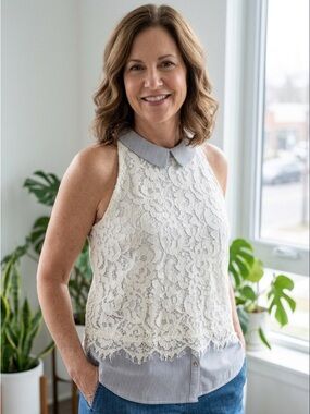 Daniel Cremieux | WhiteLace Sleeveless Blouse with Peter Pan Collar | Sz L